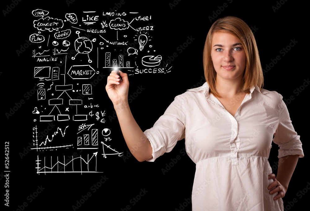 Woman drawing business scheme and icons on whiteboard