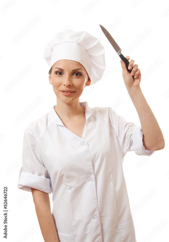 Woman cook holding a kitchen knife, isolated on white background Woman cook holding a kitchen knife, isolated on white background