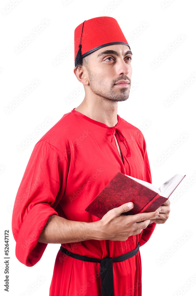 Young turk with book on white
