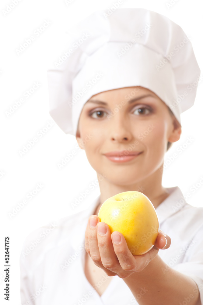 Smiling woman cook with apple, isoladed on white background Smiling woman cook with apple, isoladed on white background