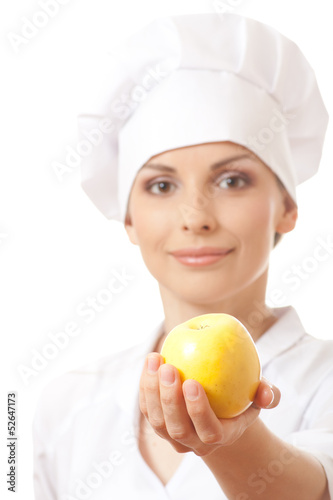 Smiling woman cook with apple, isoladed on white background photo