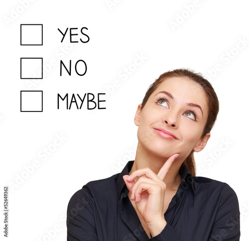 Thinking business woman making decision yes, no or maybe isolate photo
