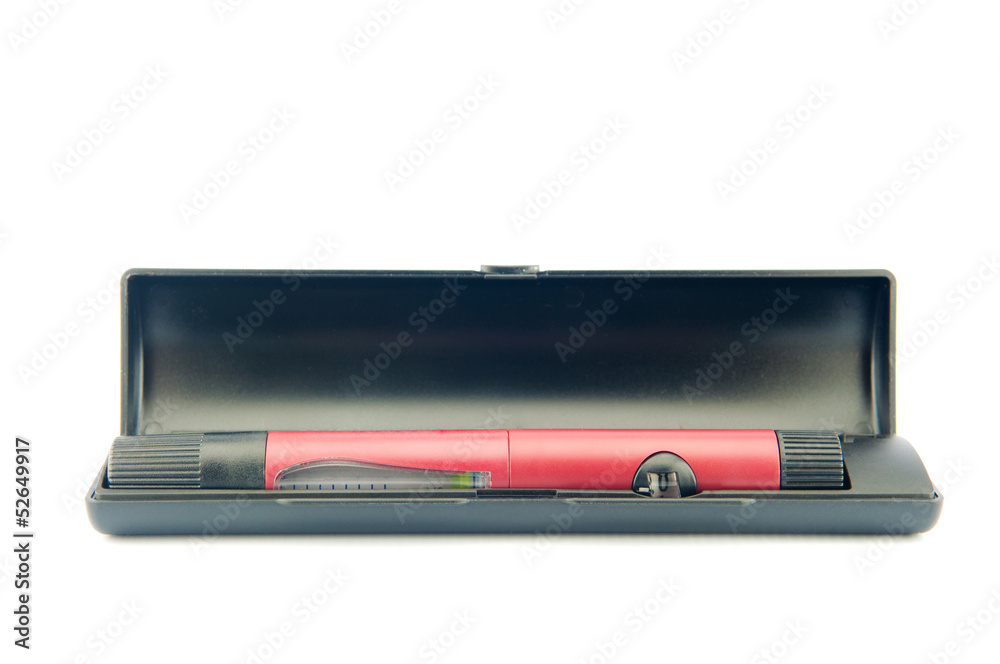 Red insulin pen injection in black case Red insulin pen injection in black case