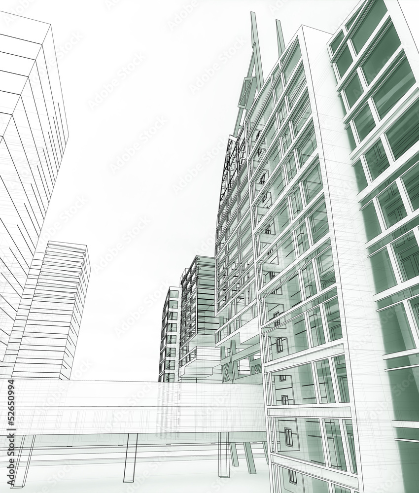 Fototapeta premium Sketch of the business center. From drawing to implementation.