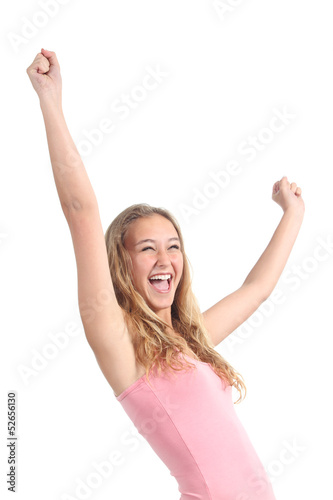 Happy beautiful teenager girl with her arms raised