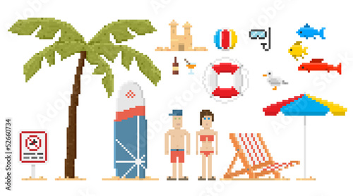 Pixel art style beach set. Vector illustration.