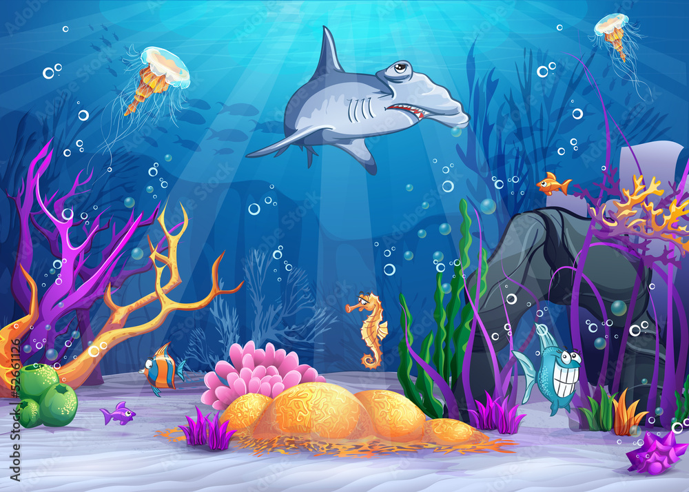 Fototapeta premium Illustration of the underwater world with hammerhead shark.