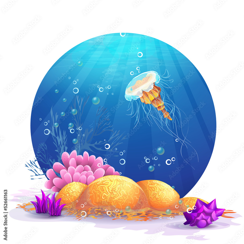 Fototapeta premium Illustration of underwater rocks with seaweed and fish fun.