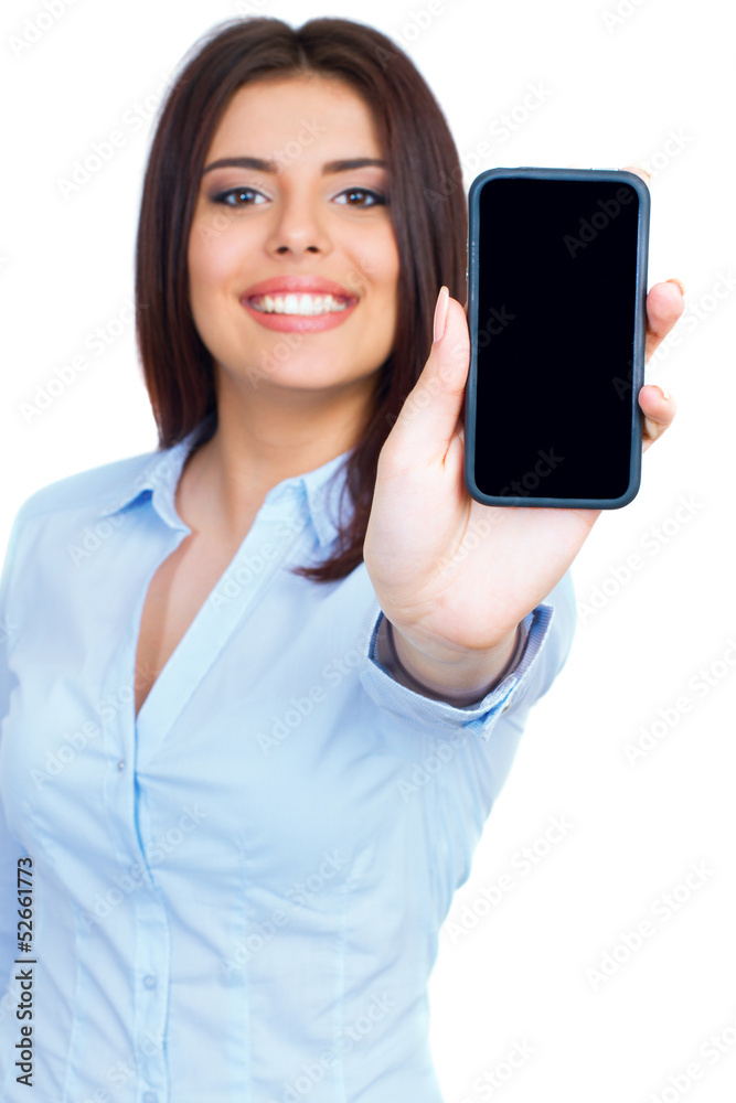 Young woman showing display of mobile cell phone