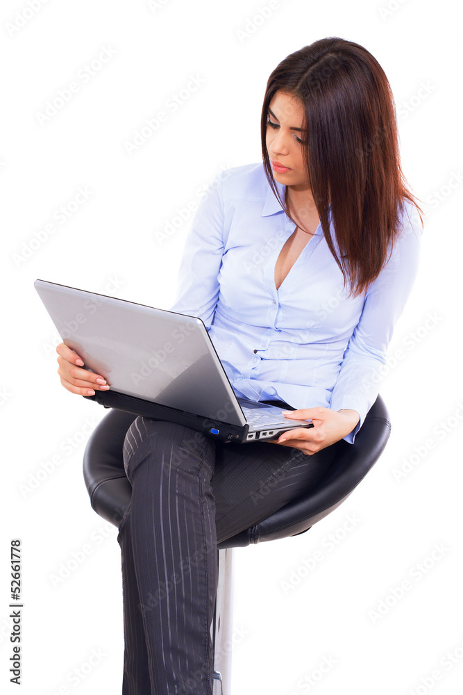 Happy confident woman with laptop - isolated over white Happy confident woman with laptop - isolated over white