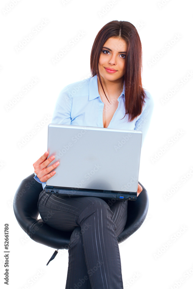 Happy confident woman with laptop - isolated over white Happy confident woman with laptop - isolated over white