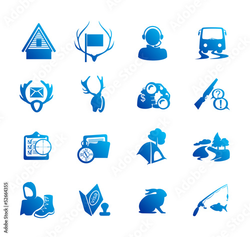 Hunting, fishing, travelling icon set