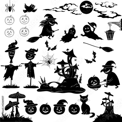 Halloween cartoon  set black silhouette
