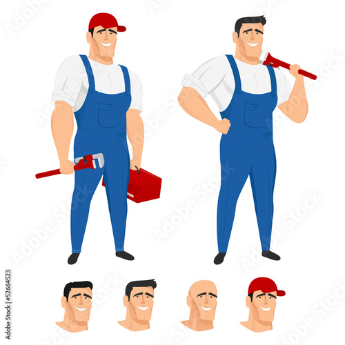 Funny plumber mascot in different poses