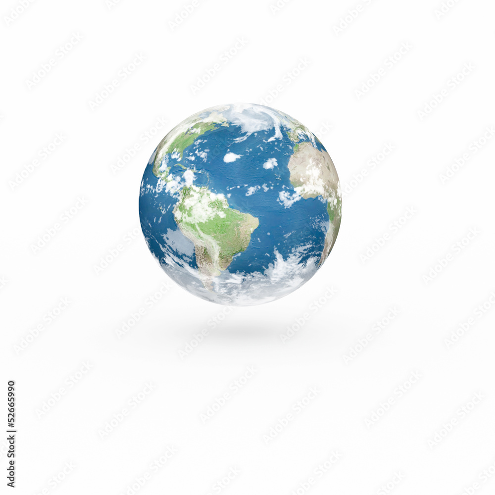 3D Earth model on white background with shadow.