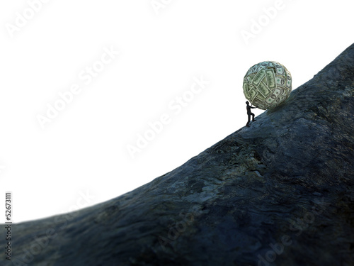 Foto Tiny man pushing a ball of money up hill