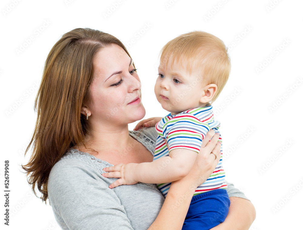mother embracing baby boy isolated on white mother embracing baby boy isolated on white