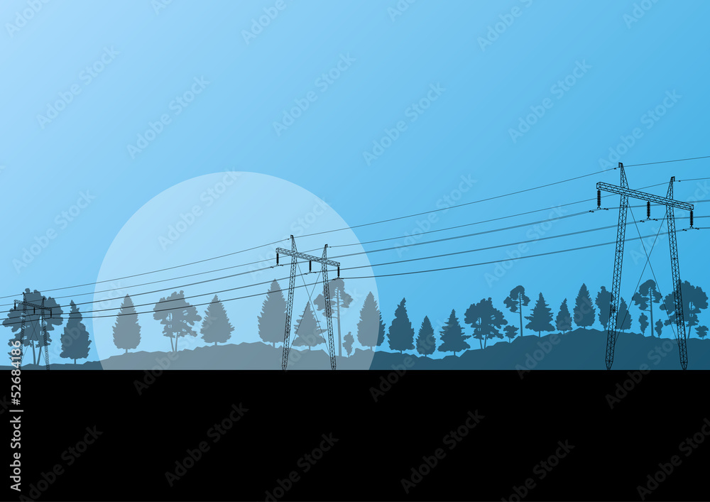 Power high voltage electricity tower line in countryside forest