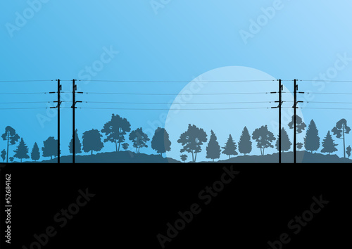 Power high voltage electricity tower line in countryside forest
