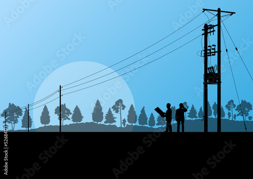 Power high voltage tower with engineer vector background