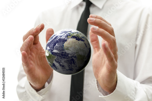 Male hands holding the  earth globe