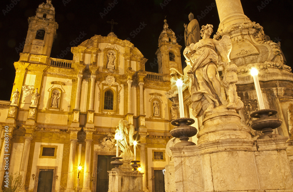 Palermo -  Saint Dominic church and baroque column at night