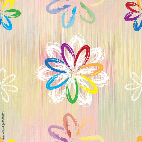 Seamless pattern with abstract rainbow flowers and stripes