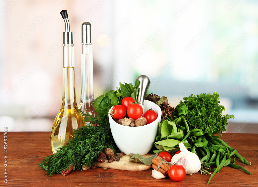 Composition of mortar, bottles with olive oil and vinegar, and Composition of mortar, bottles with olive oil and vinegar, and