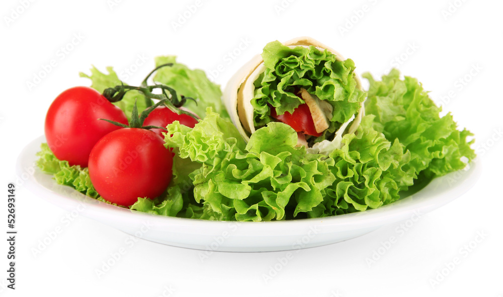 Kebab - grilled meat and vegetables, on plate, isolated on Kebab - grilled meat and vegetables, on plate, isolated on