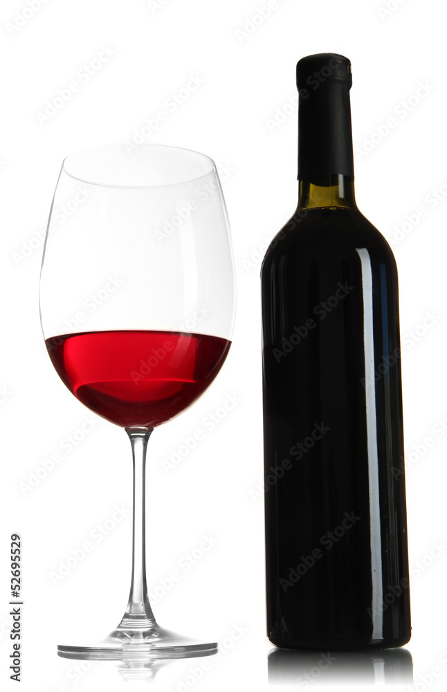 Glass of wine with bottle isolated on white Glass of wine with bottle isolated on white