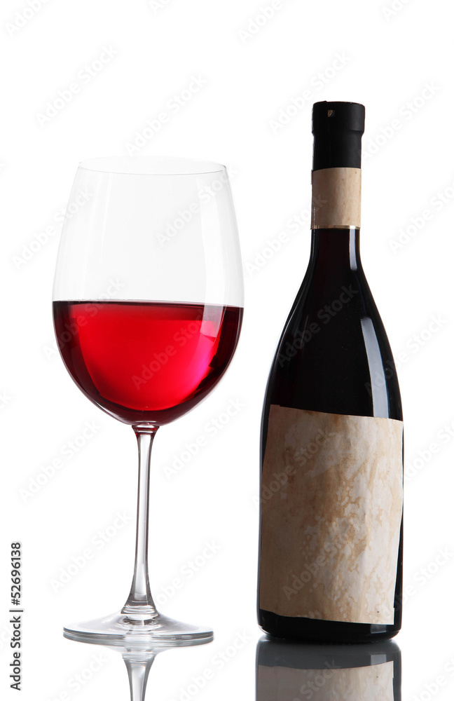 Glass of wine with bottle isolated on white Glass of wine with bottle isolated on white