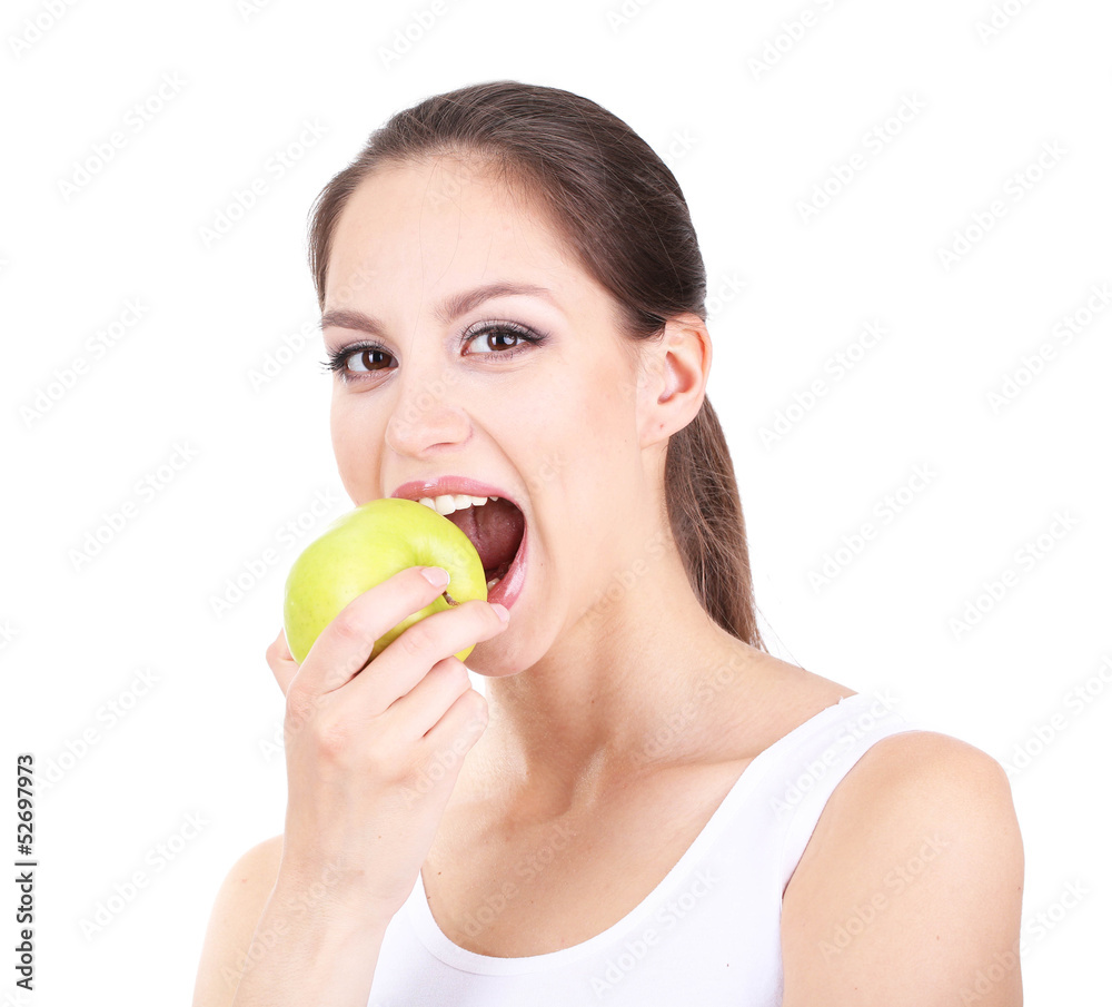 Young woman with apple isolated on white Young woman with apple isolated on white