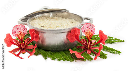 Tableau sur toile Marmite créole du riz décorée avec fleurs de flamboyant
