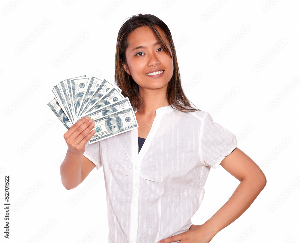 Pretty asiatic young woman with cash dollars Pretty asiatic young woman with cash dollars