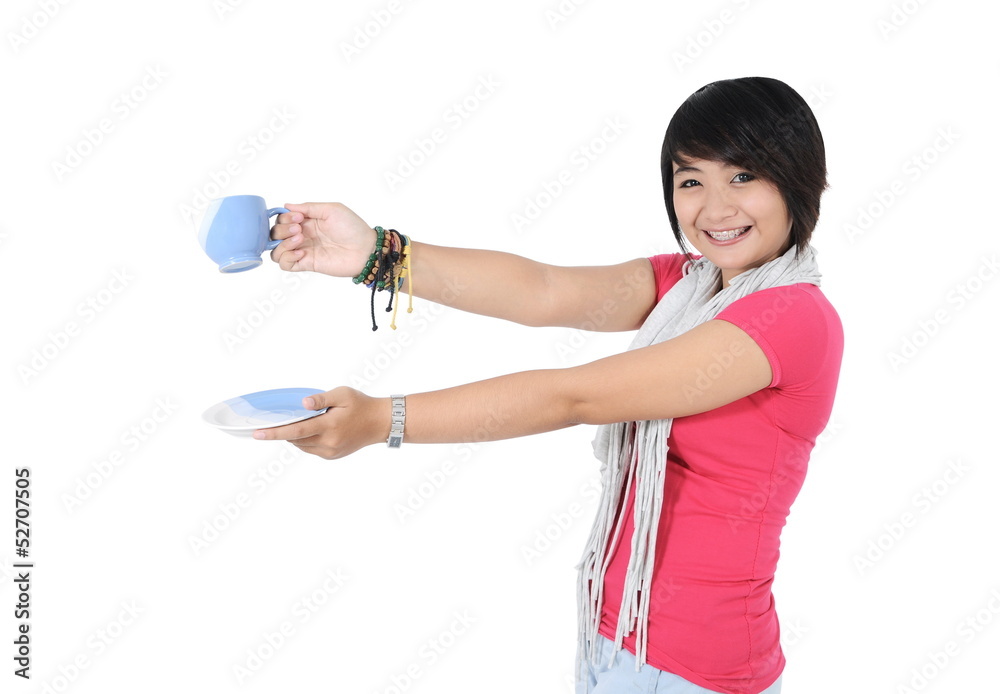 beautiful girl carrying a blue cup, isolated on white beautiful girl carrying a blue cup, isolated on white