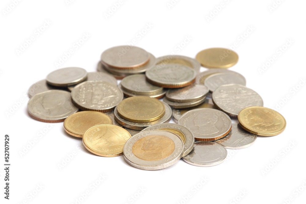 Thai coins with selective focus isolated on white background Thai coins with selective focus isolated on white background