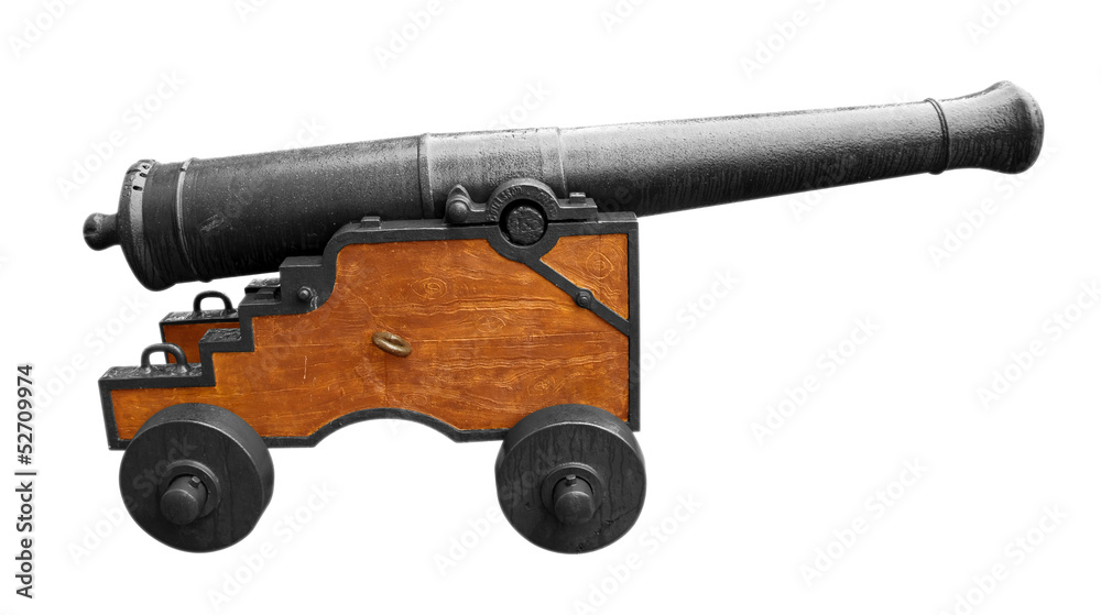 Old cast iron cannon isolated on white. Clipping path included.