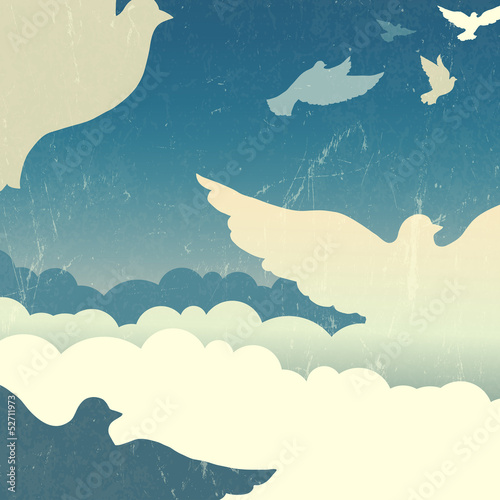 Doves in summer sky with clouds. Vector