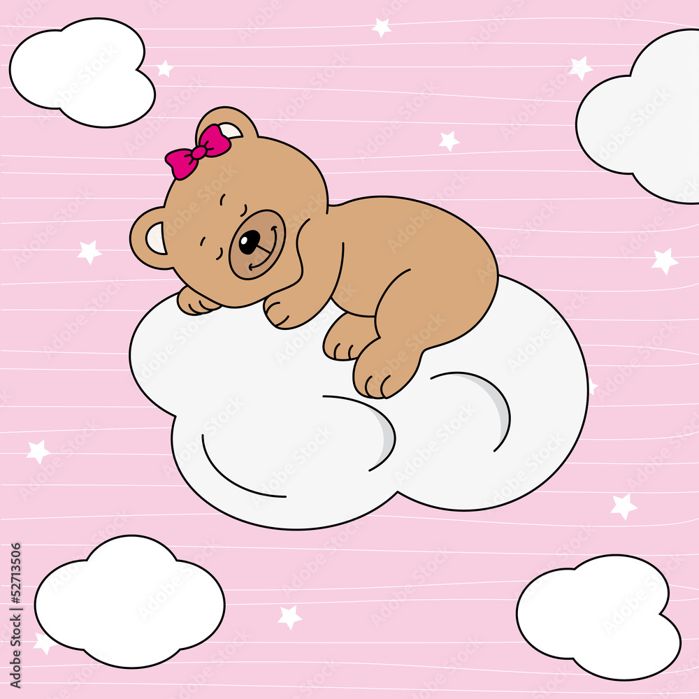 Bear on Cloud. Baby girl arrival announcement card Bear on Cloud. Baby girl arrival announcement card