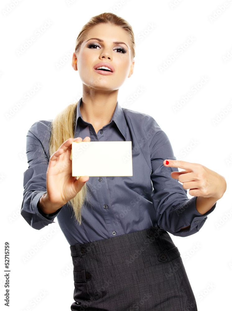 Businesswoman holding credit card. Isolated on white Businesswoman holding credit card. Isolated on white