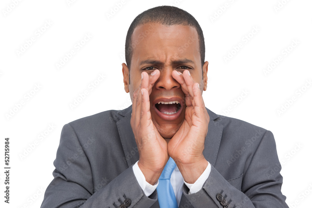 Front view of businessman calling for someone Front view of businessman calling for someone