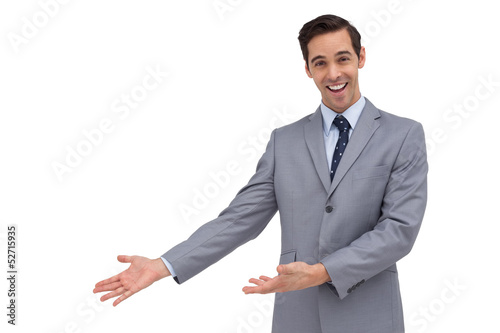 Happy businessman giving a presentation with his hands