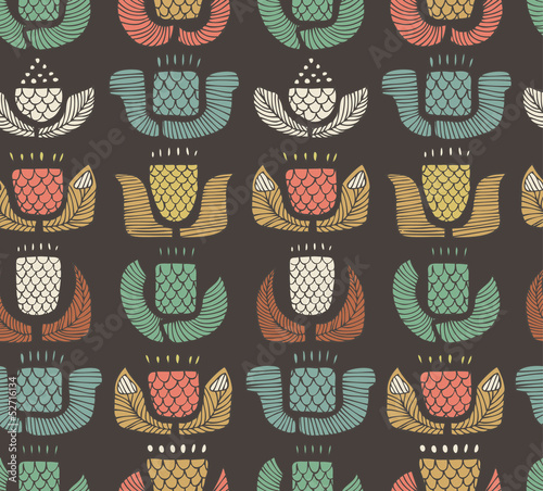 Ethnic pattern with different flowers, buds and leafs