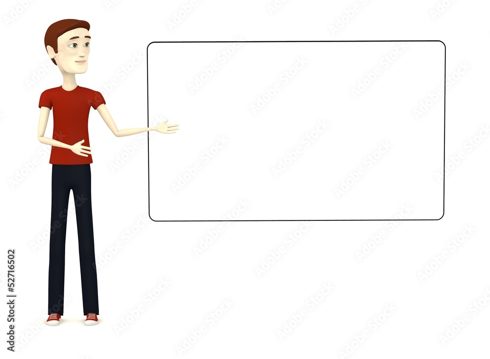 3d render of cartoon male in casual clothes with empty board