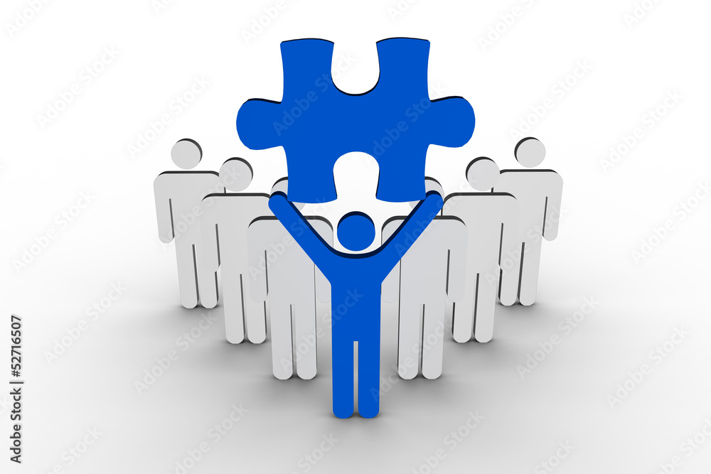 Leader holding blue jigsaw piece next to line of human figures Leader holding blue jigsaw piece next to line of human figures
