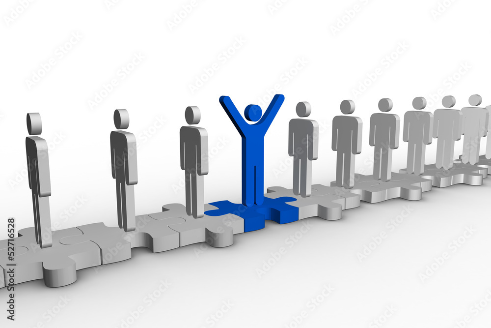 Meshed jigsaw pieces with human forms with one in blue
