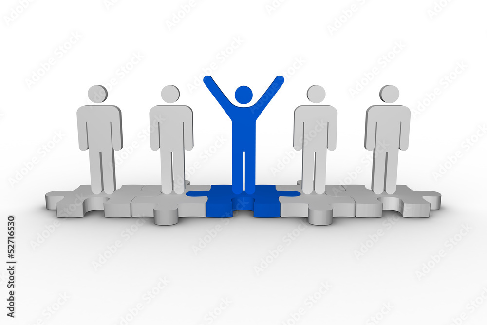 Meshed jigsaw pieces with human forms with one raising arms Meshed jigsaw pieces with human forms with one raising arms