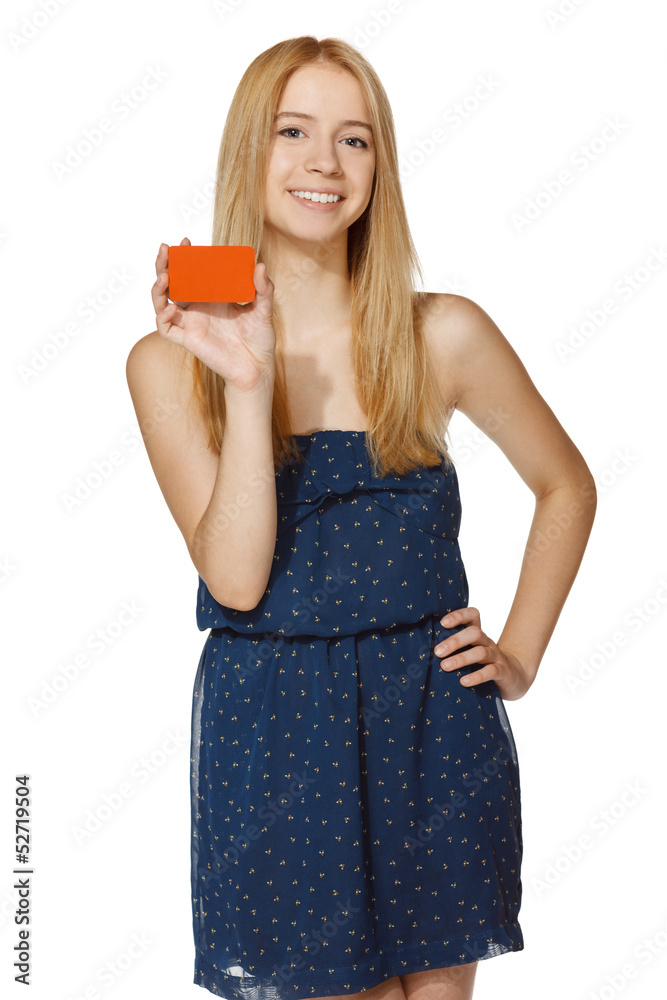 Young joyful woman holding blank credit card Young joyful woman holding blank credit card
