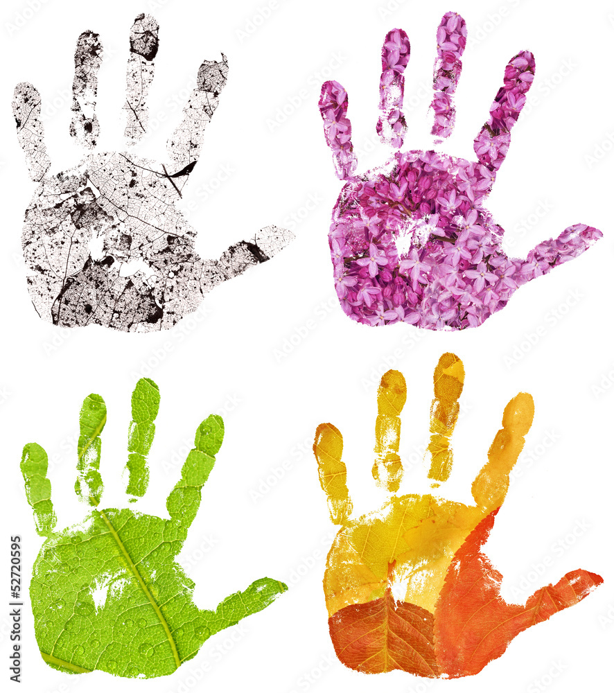 set of conceptual hand imprints on four seasons backgrounds set of conceptual hand imprints on four seasons backgrounds