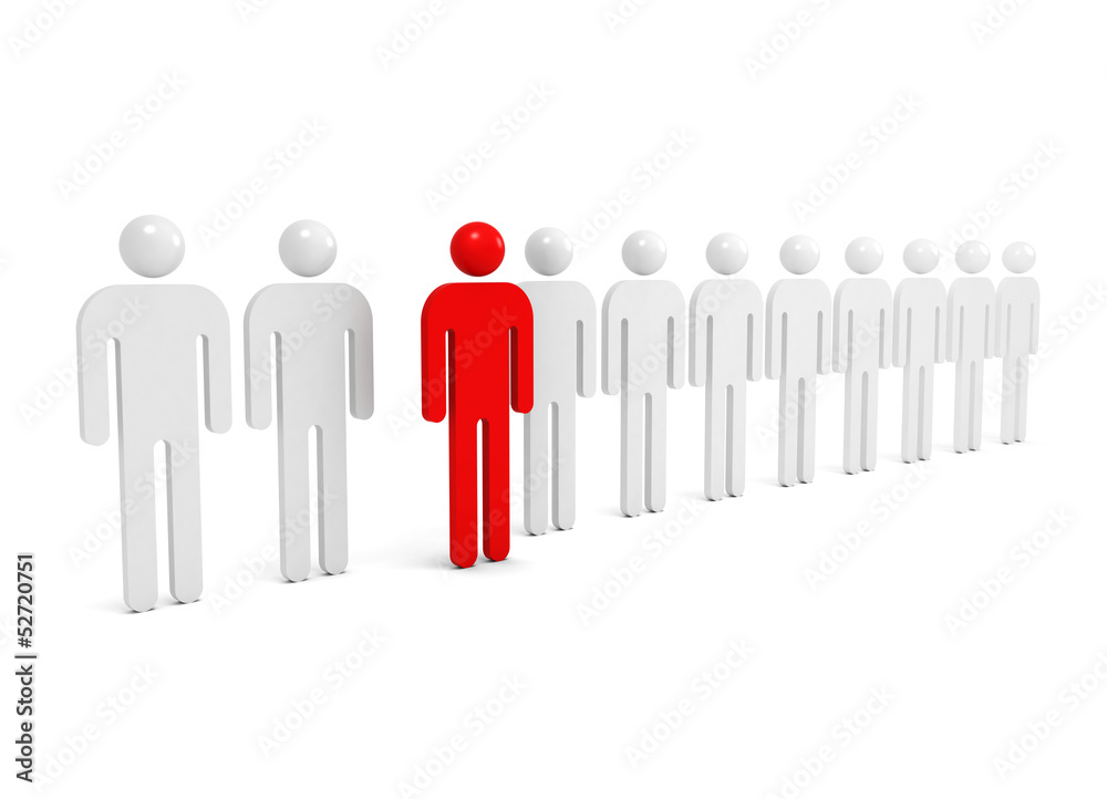 Row of abstract white people with one red outstanding Row of abstract white people with one red outstanding